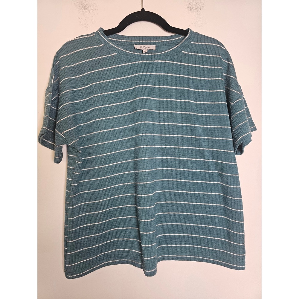 [Coastal] Polagram Striped Textured Knit Top Womens Large Teal White PST7085